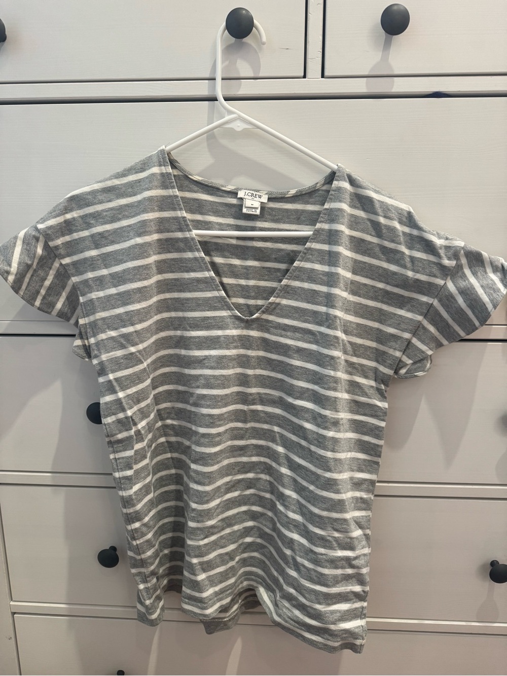 J. Crew Gray and White Striped V-Neck Short Sleeve Tee